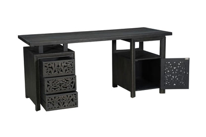 Escritorio de computadora de madera maciza de 172 cm con tres cajones y diseño floral tallado en negro