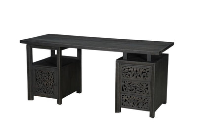 Escritorio de computadora de madera maciza de 172 cm con tres cajones y diseño floral tallado en negro