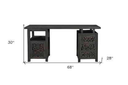 Escritorio de computadora de madera maciza de 172 cm con tres cajones y diseño floral tallado en negro