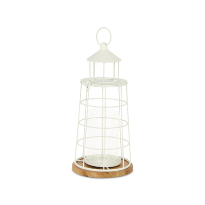 15" White And Natural Metal And Wood Lighthouse Tabletop Lantern Candle Holder