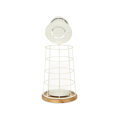 15" White And Natural Metal And Wood Lighthouse Tabletop Lantern Candle Holder