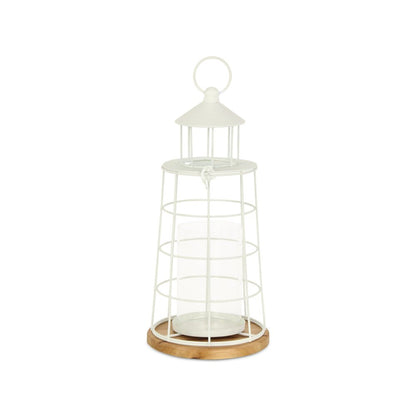 15" White And Natural Metal And Wood Lighthouse Tabletop Lantern Candle Holder