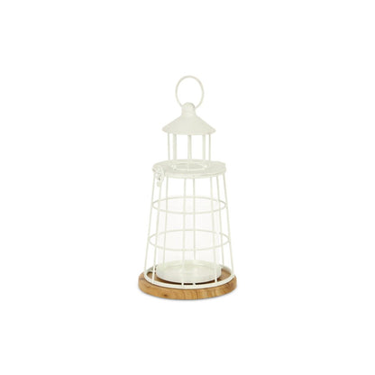 12" White And Natural Metal And Wood Lighthouse Tabletop Lantern Candle Holder