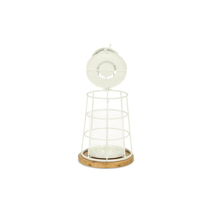 12" White And Natural Metal And Wood Lighthouse Tabletop Lantern Candle Holder