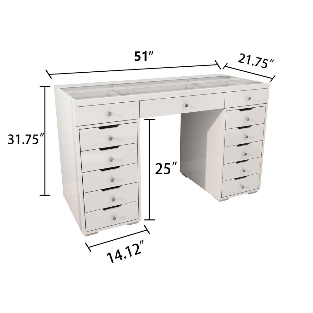 51" White Glass and Wood Vanity Table With Thirteen Drawers