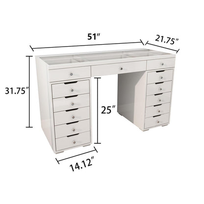 51" White Glass and Wood Vanity Table With Thirteen Drawers