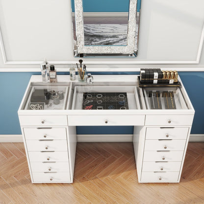 51" White Glass and Wood Vanity Table With Thirteen Drawers