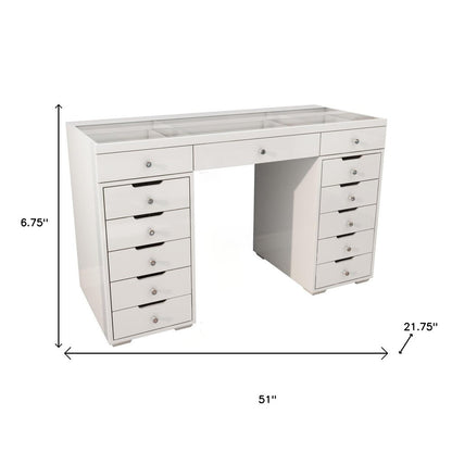 51" White Glass and Wood Vanity Table With Thirteen Drawers