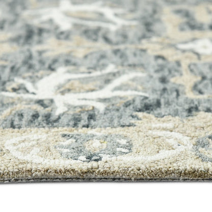 9' X 13' Gray Ivory And Beige Wool Floral Medallion Hand Hooked Area Rug