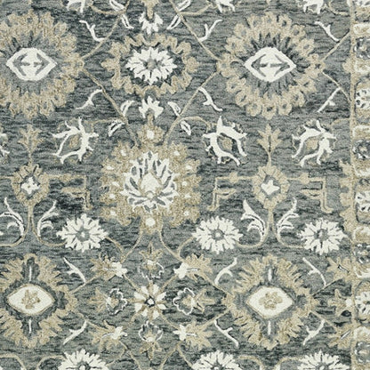 9' X 13' Gray Ivory And Beige Wool Floral Medallion Hand Hooked Area Rug