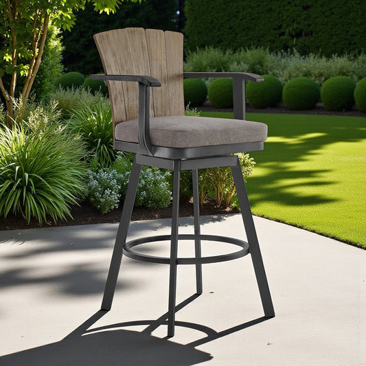 Silla de bar giratoria de metal color carbón de 40" para exteriores, con reposapiés y altura de mostrador