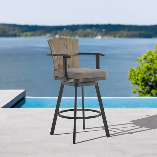 Silla de bar giratoria de metal color carbón de 44" para exteriores con reposapiés