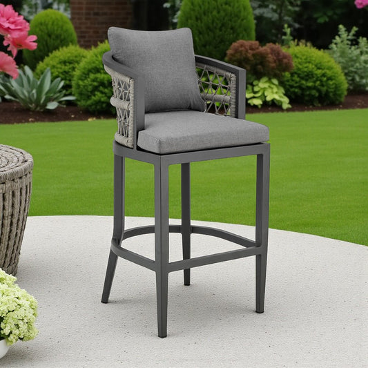 Silla de bar de exterior de metal gris de 37" con reposapiés y altura de mostrador