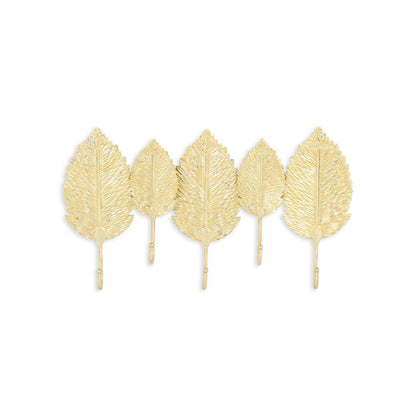Perchero de pared de aluminio dorado de 18" con cinco ganchos y diseño de hojas