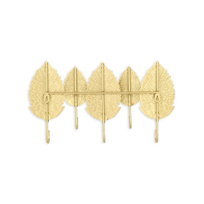 Perchero de pared de aluminio dorado de 18" con cinco ganchos y diseño de hojas