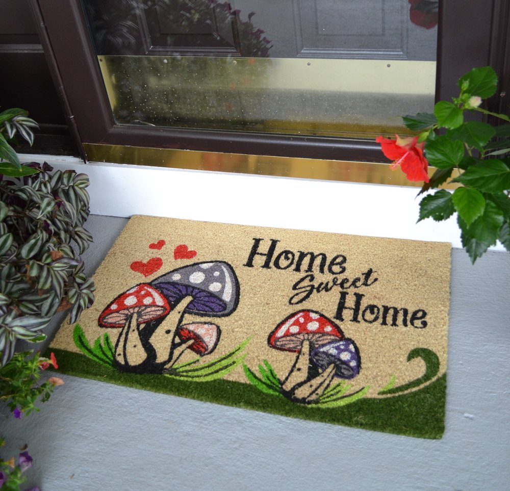 18" X 30" Beige and Black Coir Mushrooms Home Sweet Home Outdoor Door Mat
