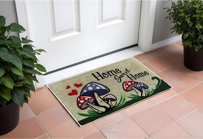 18" X 30" Beige and Black Coir Mushrooms Home Sweet Home Outdoor Door Mat