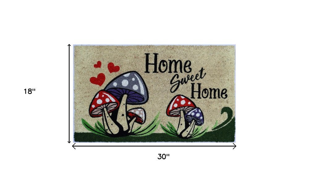 18" X 30" Beige and Black Coir Mushrooms Home Sweet Home Outdoor Door Mat