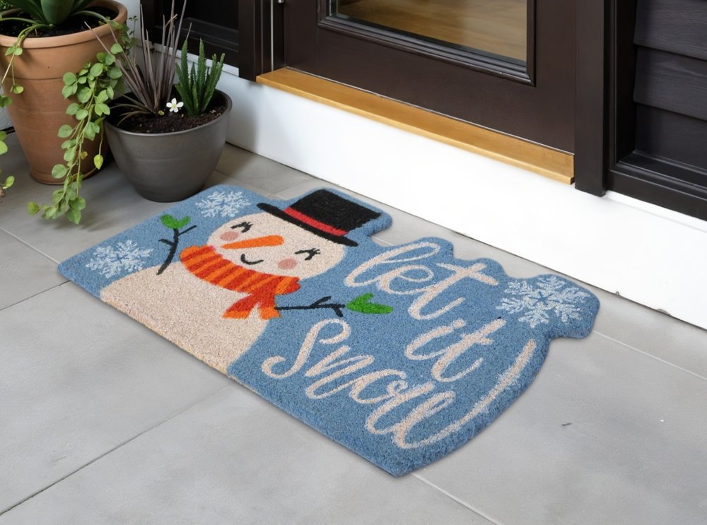 18" X 30" Blue and White Coir Snowman Outdoor Winter Door Mat