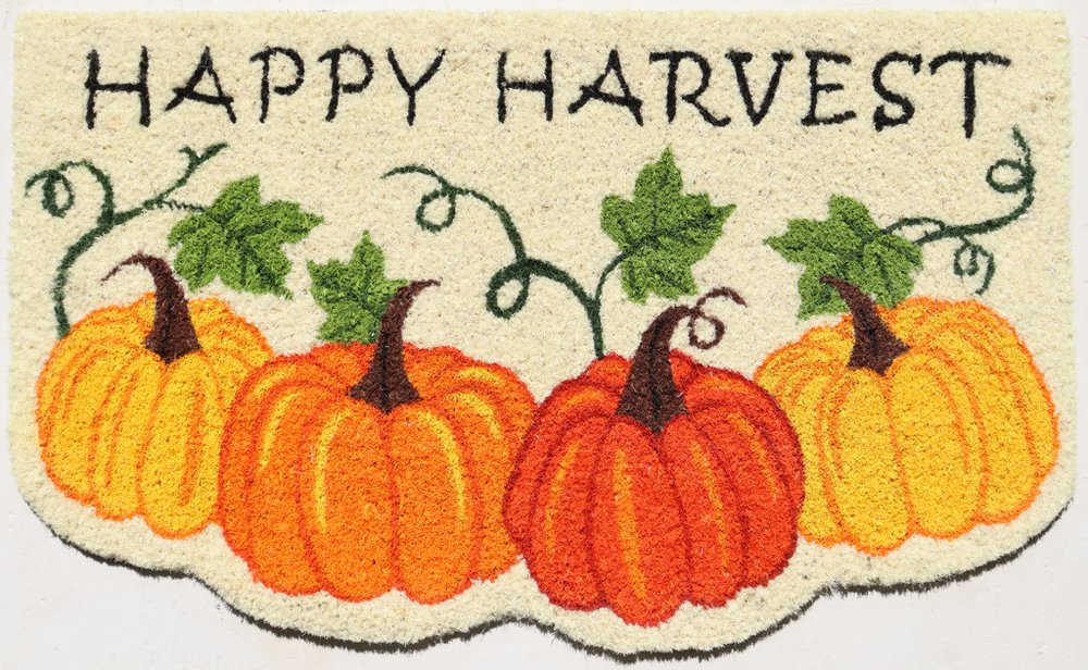 18" X 30" Beige and Orange Coir Pumpkins and Leaves Outdoor Thanksgiving Door Mat