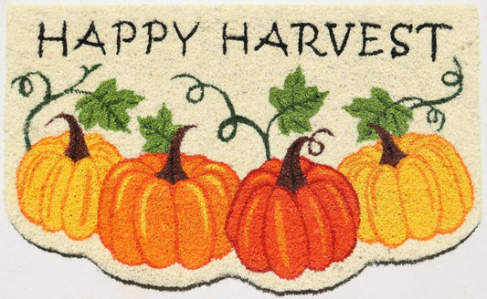 18" X 30" Beige and Orange Coir Pumpkins and Leaves Outdoor Thanksgiving Door Mat