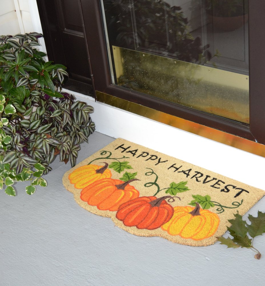 18" X 30" Beige and Orange Coir Pumpkins and Leaves Outdoor Thanksgiving Door Mat