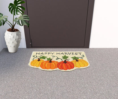 18" X 30" Beige and Orange Coir Pumpkins and Leaves Outdoor Thanksgiving Door Mat