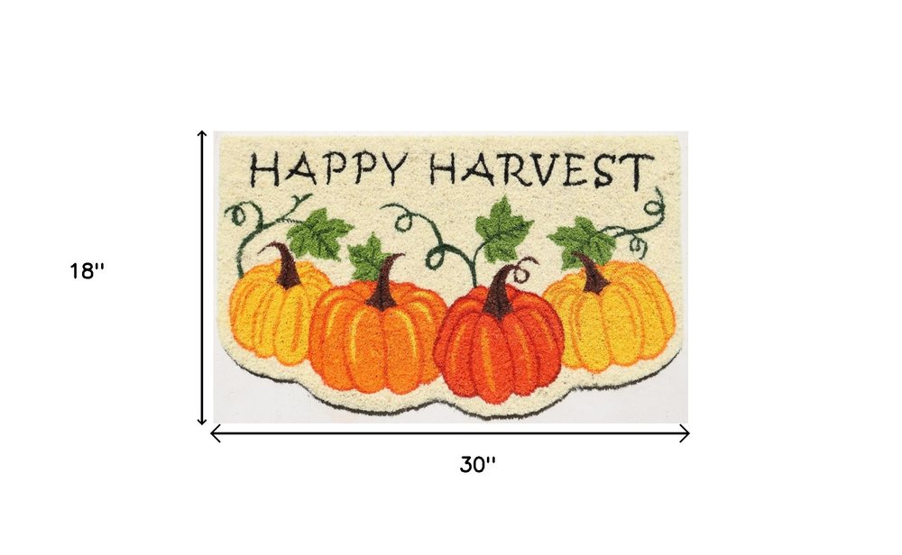 18" X 30" Beige and Orange Coir Pumpkins and Leaves Outdoor Thanksgiving Door Mat