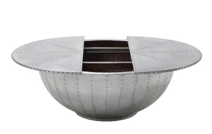 39" Silver Aluminum Aviator Round Drum Coffee Table