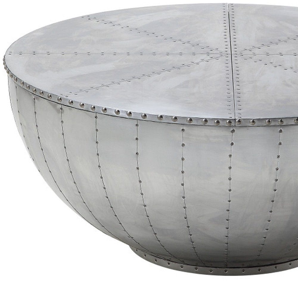 39" Silver Aluminum Aviator Round Drum Coffee Table