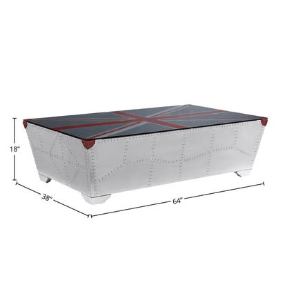 64" Silver Navy Blue And Red Union Jack Aviator Coffee Table