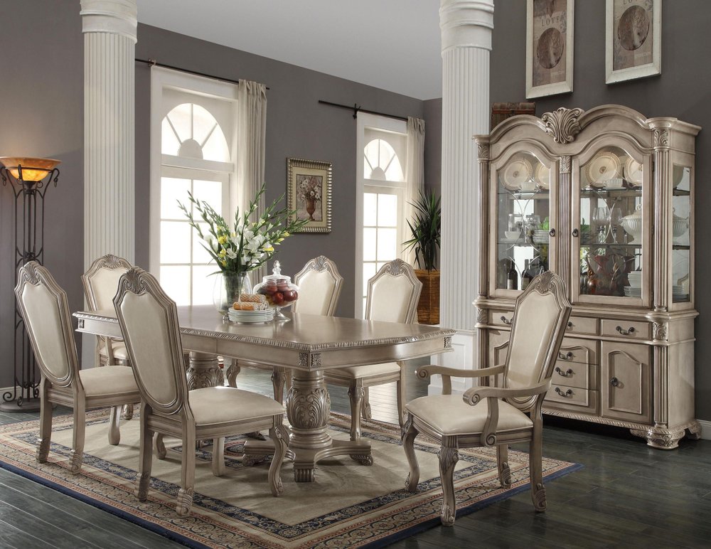 Set of Two Antiqued White Upholstered Faux Leather Dining Side Chairs