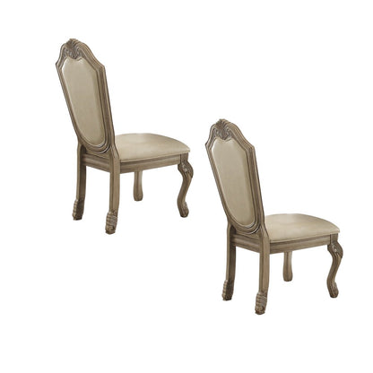 Set of Two Antiqued White Upholstered Faux Leather Dining Side Chairs