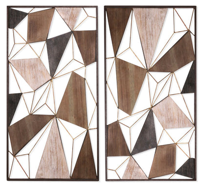 Set of Two Brown and Gold Geometric Wood and Metal Hanging Dimensional Sculptures