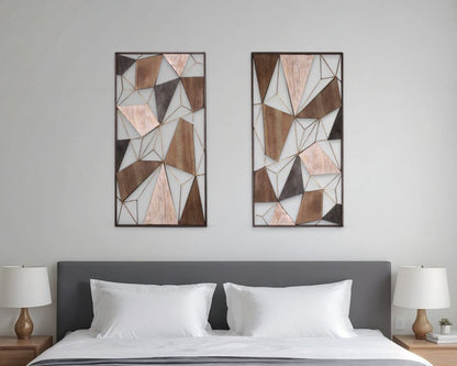 Set of Two Brown and Gold Geometric Wood and Metal Hanging Dimensional Sculptures