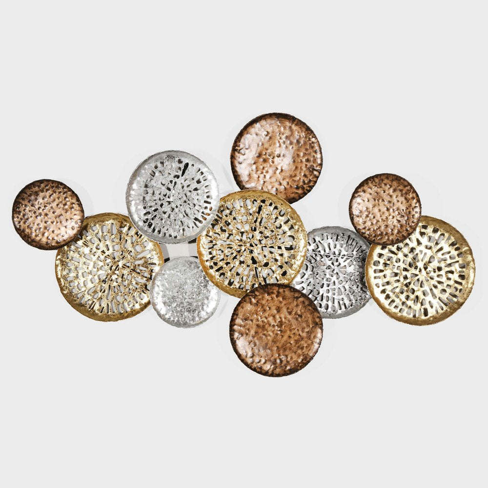 33" X 60" Bronze Gold and Silver Metal Round Disc Hanging Dimensional Sculpture
