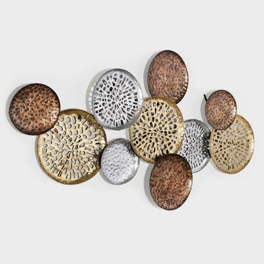 33" X 60" Bronze Gold and Silver Metal Round Disc Hanging Dimensional Sculpture