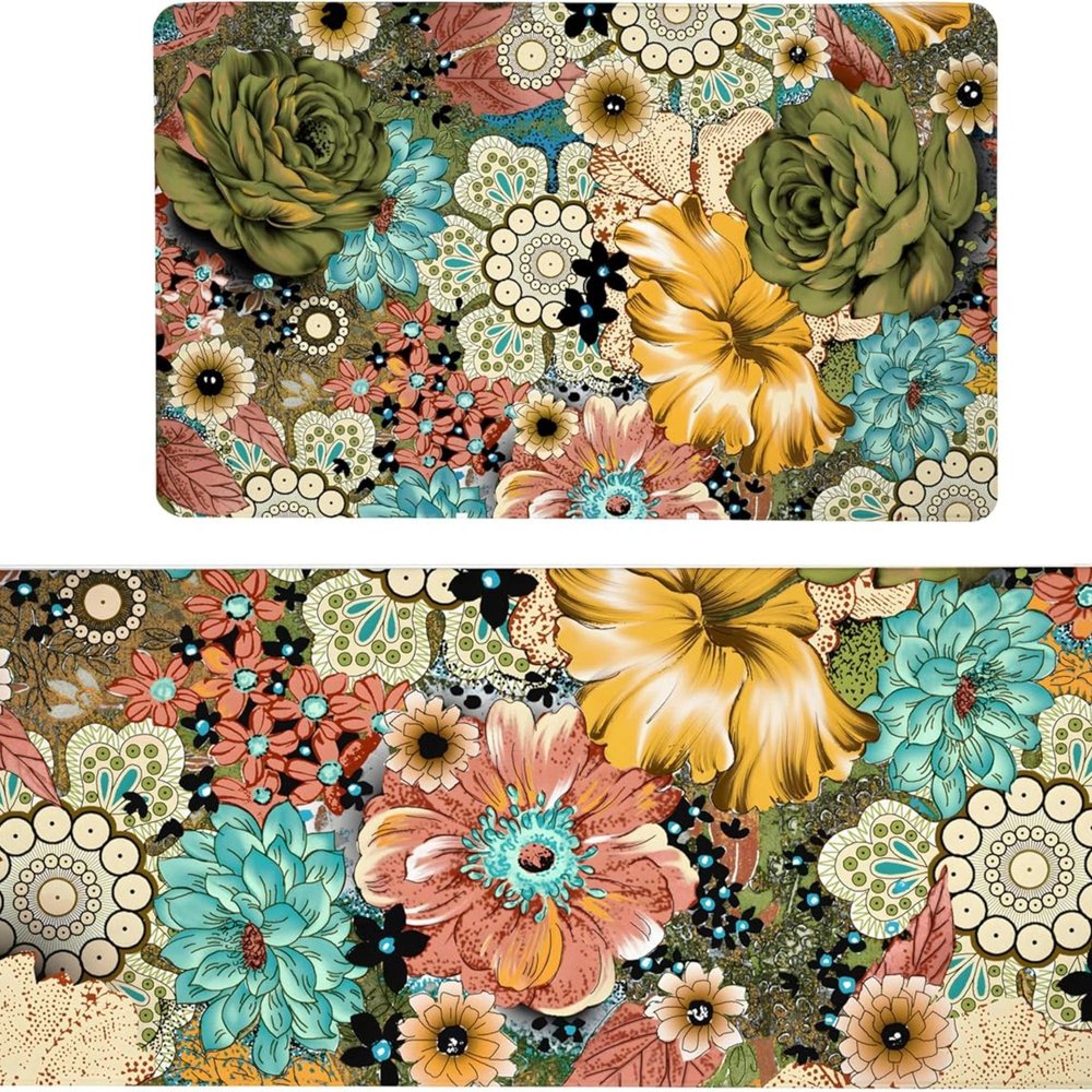 Set Of Two Aqua And Green PVC Floral Anti Fatigue Kitchen Mats