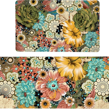Set Of Two Aqua And Green PVC Floral Anti Fatigue Kitchen Mats