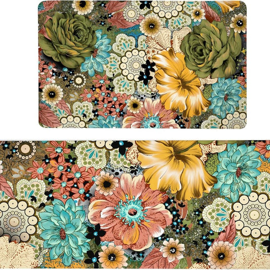 Set Of Two Aqua And Green PVC Floral Anti Fatigue Kitchen Mats