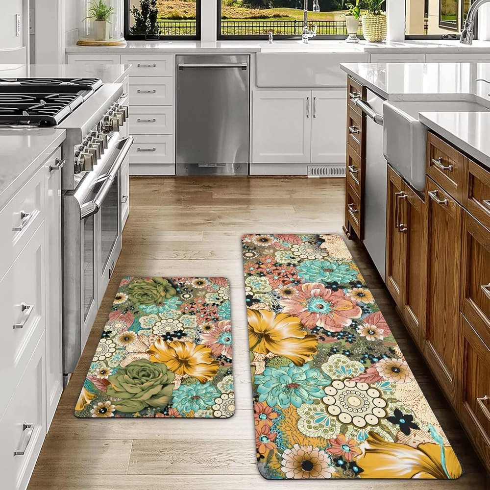 Set Of Two Aqua And Green PVC Floral Anti Fatigue Kitchen Mats