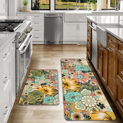 Set Of Two Aqua And Green PVC Floral Anti Fatigue Kitchen Mats