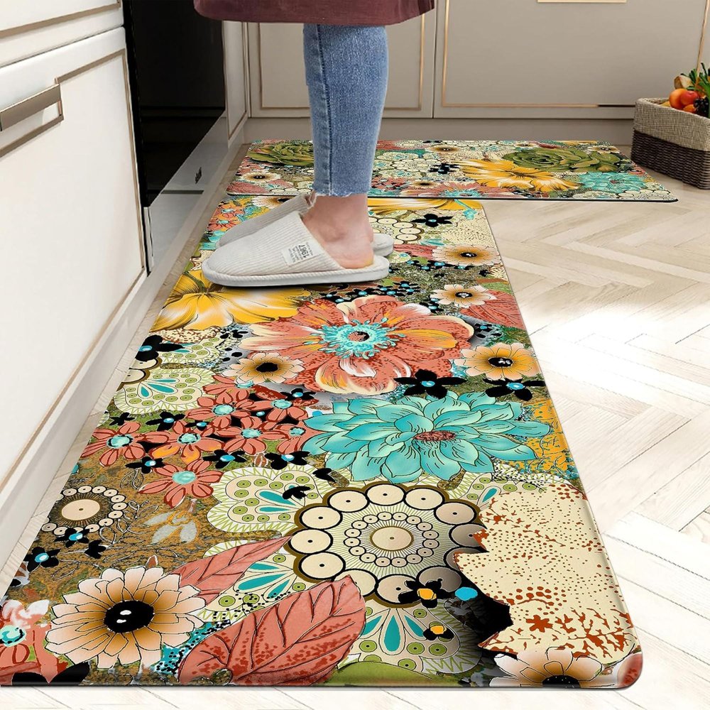 Set Of Two Aqua And Green PVC Floral Anti Fatigue Kitchen Mats