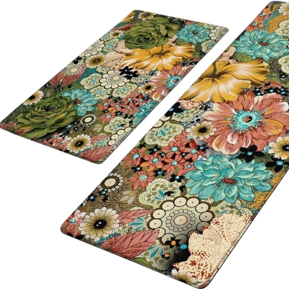 Set Of Two Aqua And Green PVC Floral Anti Fatigue Kitchen Mats