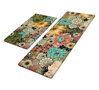 Set Of Two Aqua And Green PVC Floral Anti Fatigue Kitchen Mats