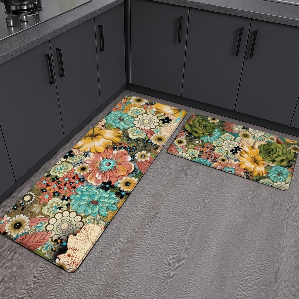 Set Of Two Aqua And Green PVC Floral Anti Fatigue Kitchen Mats