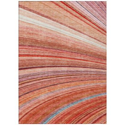 9' X 12' Terra Cotta Salmon And Orange Striped Washable Indoor Outdoor Area Rug