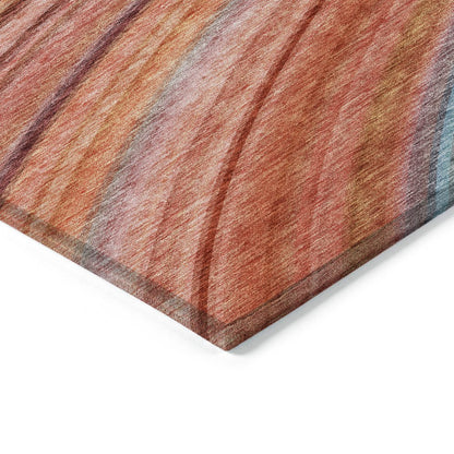 9' X 12' Terra Cotta Salmon And Orange Striped Washable Indoor Outdoor Area Rug