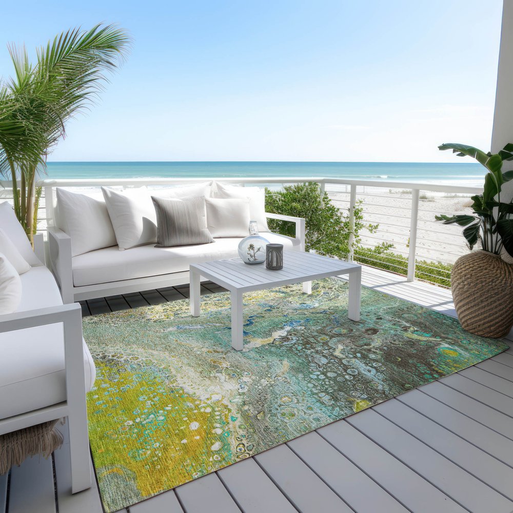 9' X 12' Teal Blue Lime Green And Green Abstract Washable Indoor Outdoor Area Rug