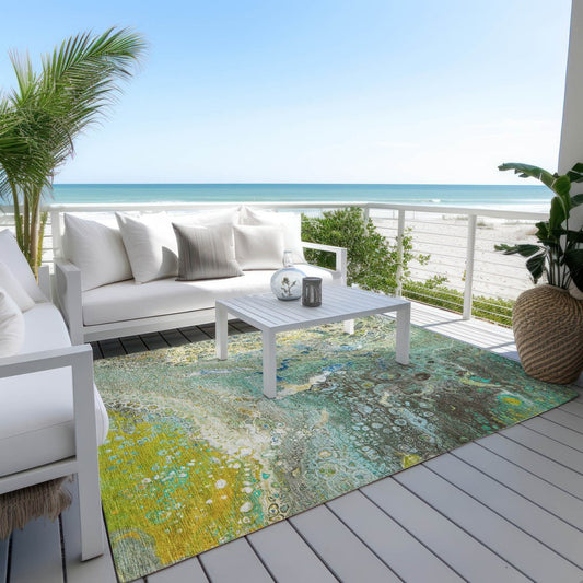 9' X 12' Teal Blue Lime Green And Green Abstract Washable Indoor Outdoor Area Rug